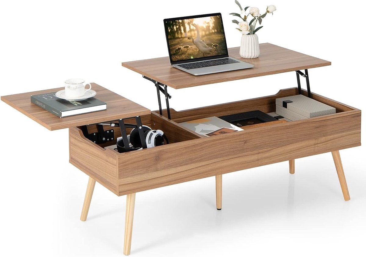 WNHB® Salontafel met Lift Top - Houten Multifunctionele Koffietafel met Opbergruimte - Verborgen Compartimenten - Bruin