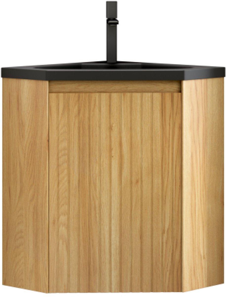 ZURI 38cm wandgemonteerde badkamermeubel met matzwarte harsgeïntegreerde wastafel, driehoekige multiplex kasten met strepen, voor hoeken, één deur, voorgemonteerd, natuurlijke houtnerfkleur