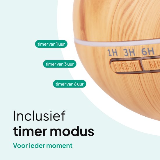 PRIXTON - Luchtbevochtiger en aromadiffuser etherische olie voor aromatherapie luchtbevochtiger, tank 300 ml, timer 1-3-6 uur | Hidra (licht hout