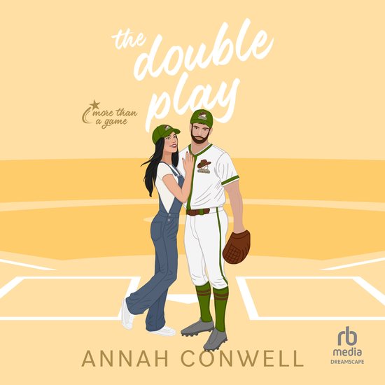 Illustratie van een man in een honkbaluniform van de 'Cowboys' en een vrouw in een spijker overall op een honkbalveld. Tekst: 'the double play'.