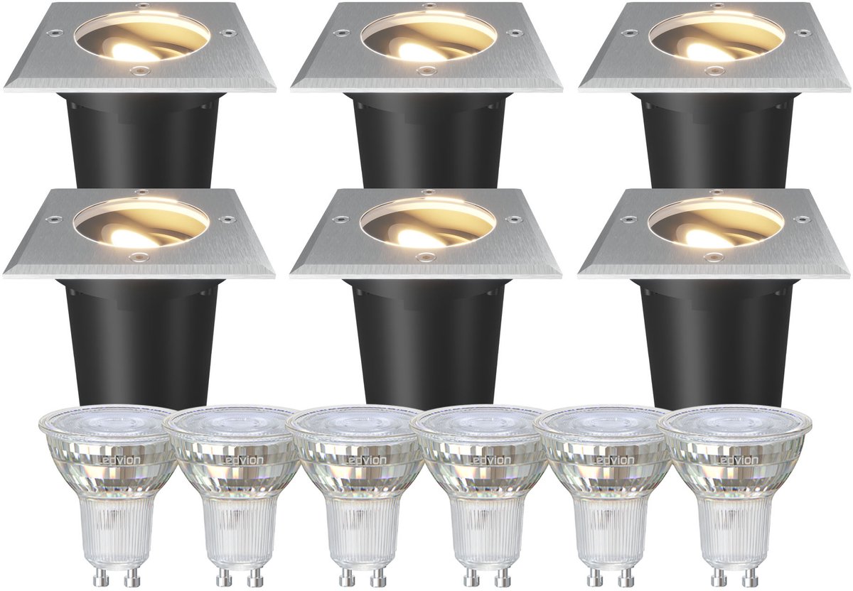 9x LED Grondspot Rond - IP67 - 3W - 2700K - 1M Kabel - RVS - Kantelbaar