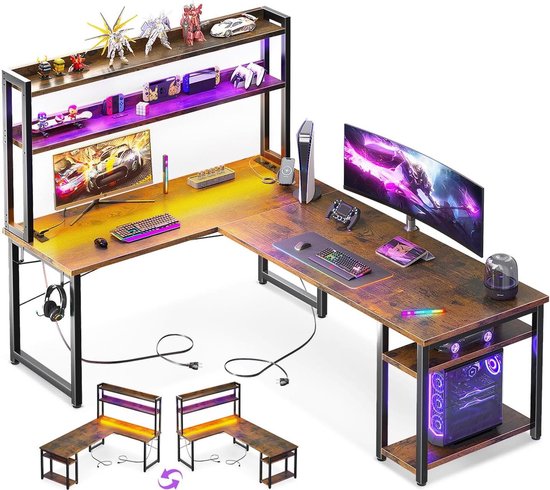 Reversible L-Shape Gaming Table with LED Lights in Brown - 150 x 120 cm ...