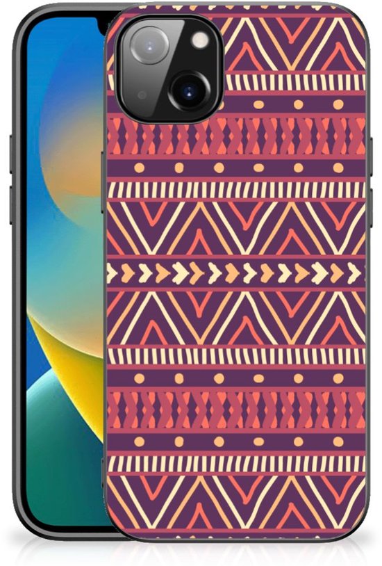Joli étui arrière en TPU pour iPhone 14 Plus avec bord noir violet aztèque
