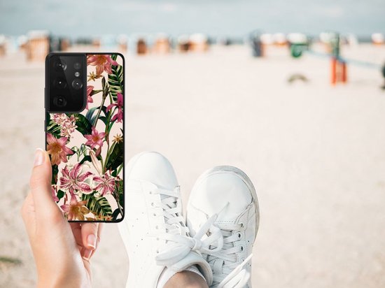 Coque arrière en TPU mignonne pour Samsung Galaxy S21 Ultra avec Fleurs à bordure noire