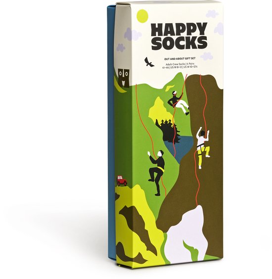 Happy Socks geschenkdoos met klimmers op een berg.
