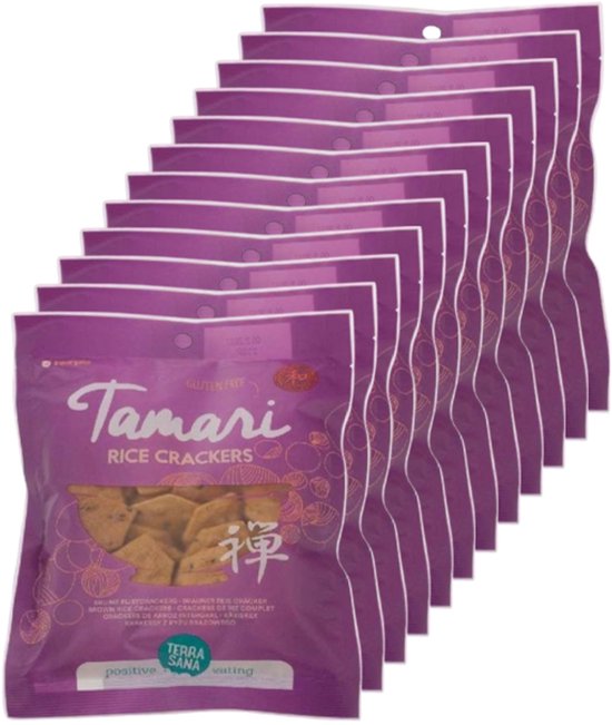 Een rij van tien paarse verpakkingen van TerraSana Tamari bruine rijstcrackers. De verpakking toont 'Tamari', 'RICE CRACKERS' en een Japanse 'zen' symbool.