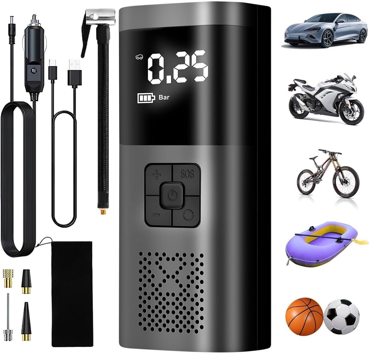 EXCITAT Elektrische luchtpomp - Draagbare minicompressor - Autobandenpomp - Met manometer - Met digitaal LCD-scherm - Voor auto, motor, fiets