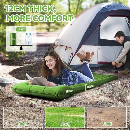 Zelfopblazende campingmat, 12 cm dikke opblaasbare slaapmatras, eenpersoons, ultralicht luchtmatras met ingebouwde pomp, koppelbare kampmat voor backpacken, wandelen, tent, reizen (groen) van Merkloos — afbeelding 4