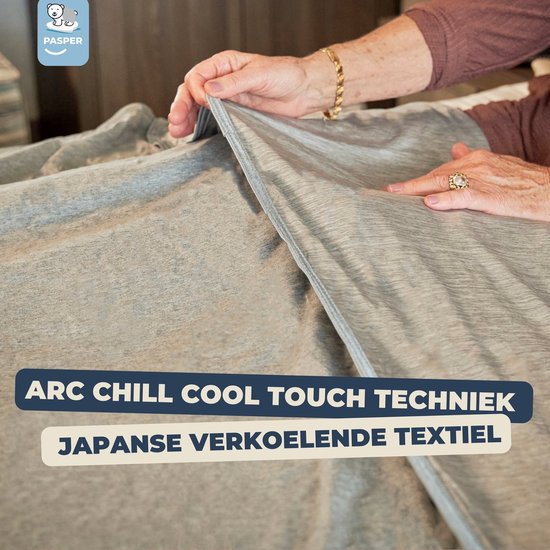 Grijs textiel met "ARC CHILL COOL TOUCH TECHNIEK" en "JAPANSE VERKOELENDE TEXTIEL"
