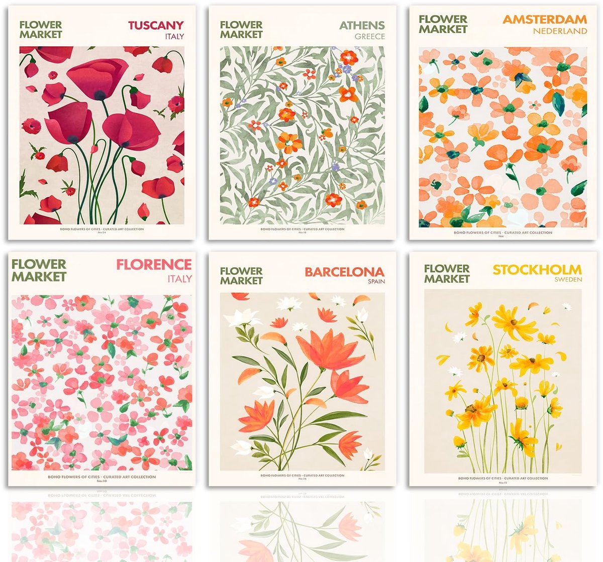 Ibenzoa® Bloemenmarkt Vintage Botanische Wanddecoraties Set van 6 Canvas Afbeeldingen 20 x 25 cm Zonder Lijst