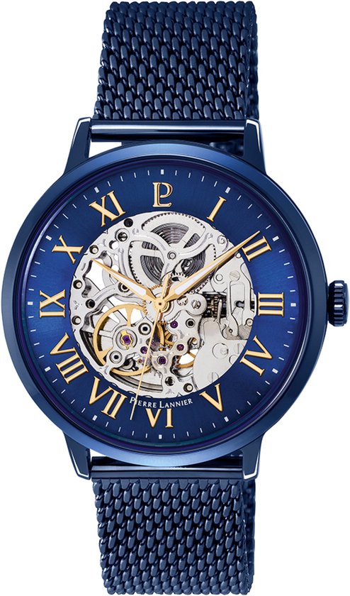 Blauw automatisch horloge met open uurwerk en gouden Romeinse cijfers, met een mesh band.