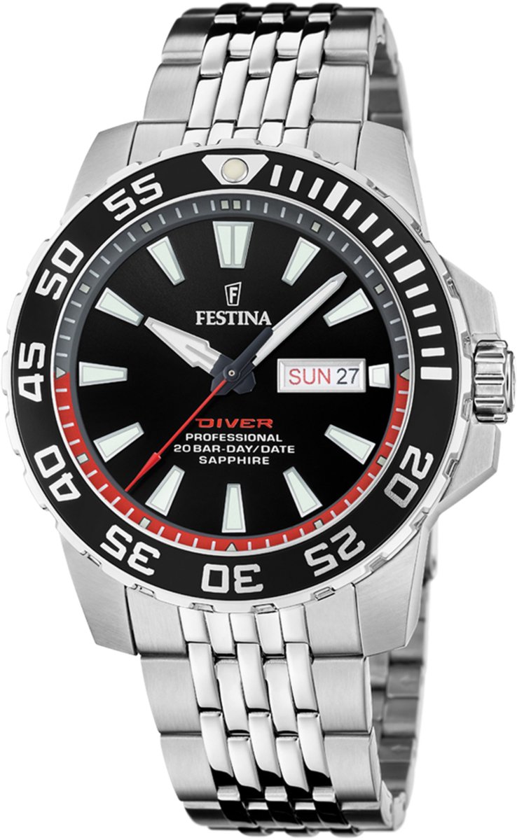 Festina F20661-3 Heren Horloge - Mineraalglas - Roestvrijstaal-Staal - Zilverkleurig - Ø 45 mm - Quartz - Vouw-Vlindersluiting - 20 ATM (duiken)