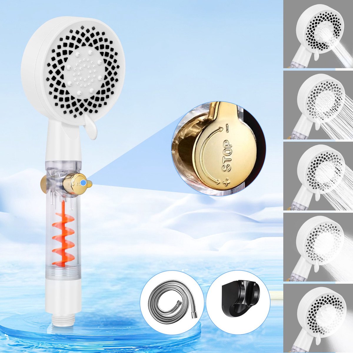 NETTLIFE Douchekop en Filter - wit - met Slang - Hoge druk - 5 Sproeistanden - met houder - Waterbesparende Handdouche - Luxe Moderne Handdouche - rond