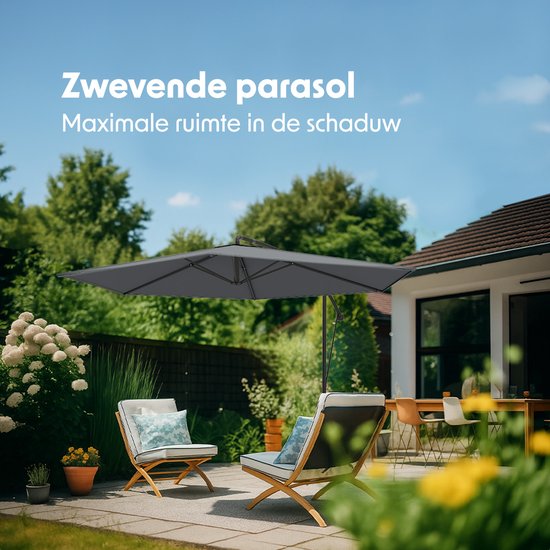 LifeGoods Zweefparasol - tot 8 Personen - Ø300cm - Waterdicht - met Hoes en Kruisvoet - Tuin - Donkergrijs