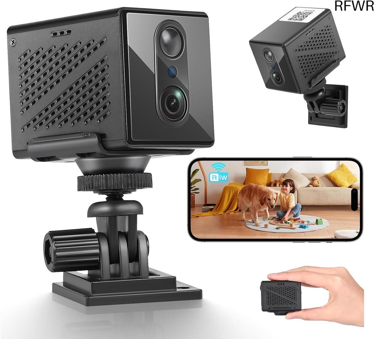 RFWR® Mini WiFi-camera 3 MP HD met bewegingsdetectie en nachtzicht voor binnen en buiten