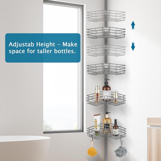 HAMITOR Telescopische doucheplank zonder boren: 4-traps metalen hoekdoucheplank, antislip en stabiel, badkamerorganizer voor shampoo, zeep en douchegel, verstelbaar van 121-314 cm, zwart