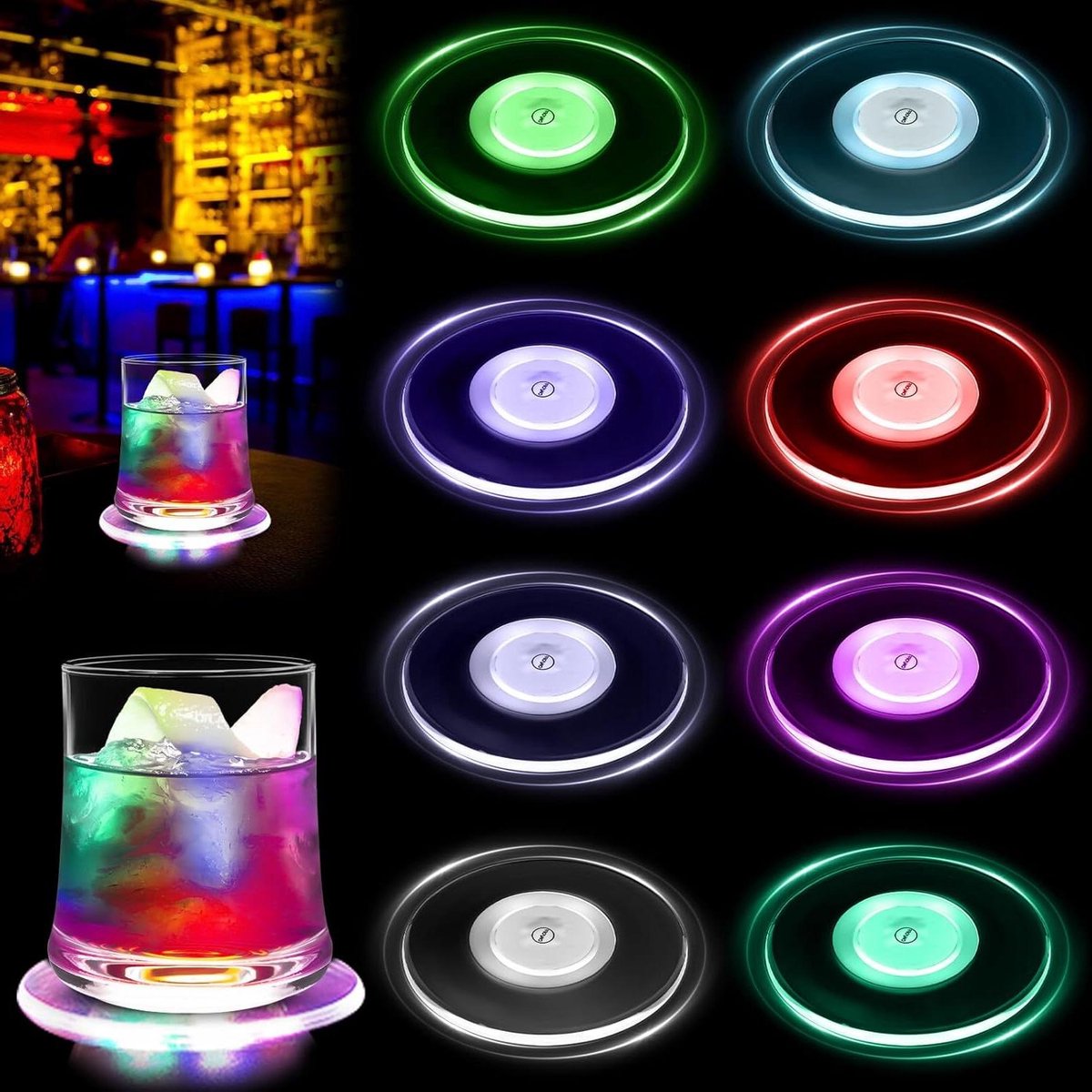 Allecto Plus - 8 stuks LED-onderzetters voor feestjes en bruiloften - Kleurrijk en lichtgevend met Ø 10 cm - Acryl en glas - Ronde vorm