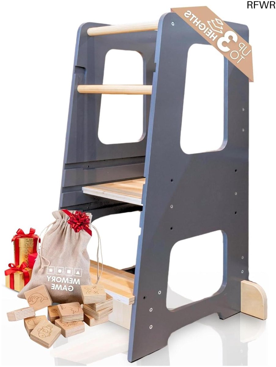 RFWR® Montessori Leertoren - Verstelbare Houten Leertoren met Veiligheidsdetails voor Kinderen van 1 tot 6 Jaar