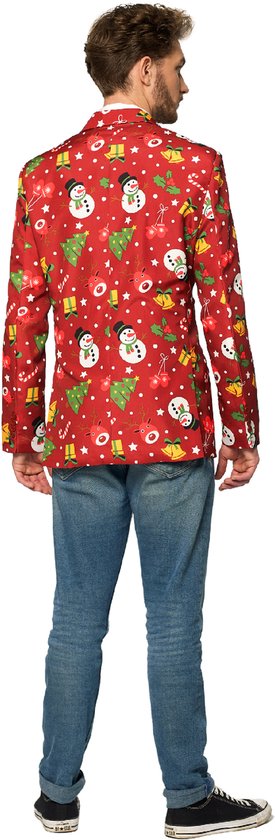 Heren blazer in het rood met kerstprint van sneeuwpoppen, kerstbomen, cadeaus en bellen. Zichtbaar vanaf de achterkant.