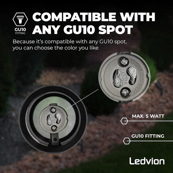 Ledvion - LED Spotlight, GU10 fitting, Zwart, 5W, IP65, Incl. Snelkoppeling