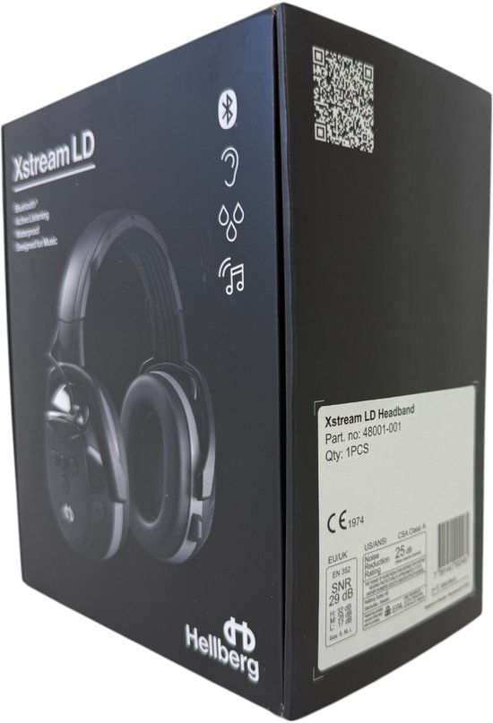 Doos met Hellberg Xstream LD koptelefoon, met afbeelding van de zwarte koptelefoon.