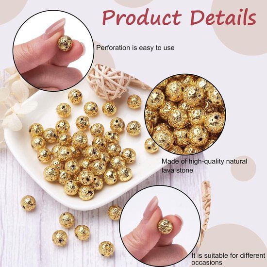 Perles de Lava volcanique 5 rangs – Naturelles et galvanisées – 8,5 mm – Perle d'espacement de chakra pour Bijoux – Couleur or – Handgemaakt
