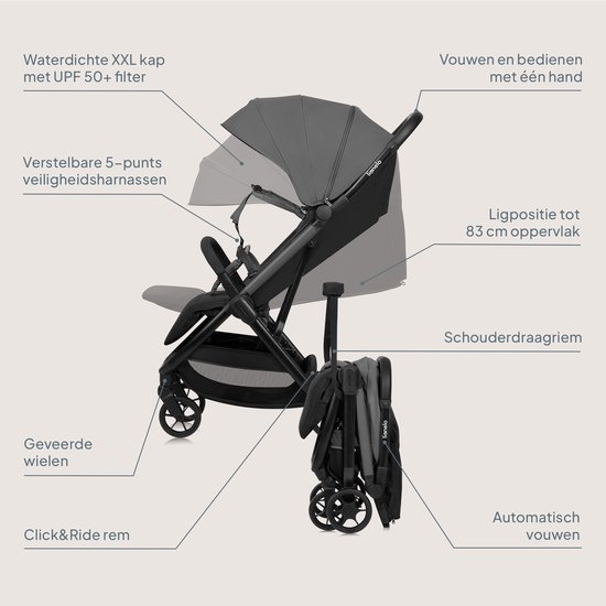 Gedetailleerde weergave van de grijze en zwarte Lionelo kinderwagen met XXL-kap, veiligheidsharnassen en opvouwfunctie.