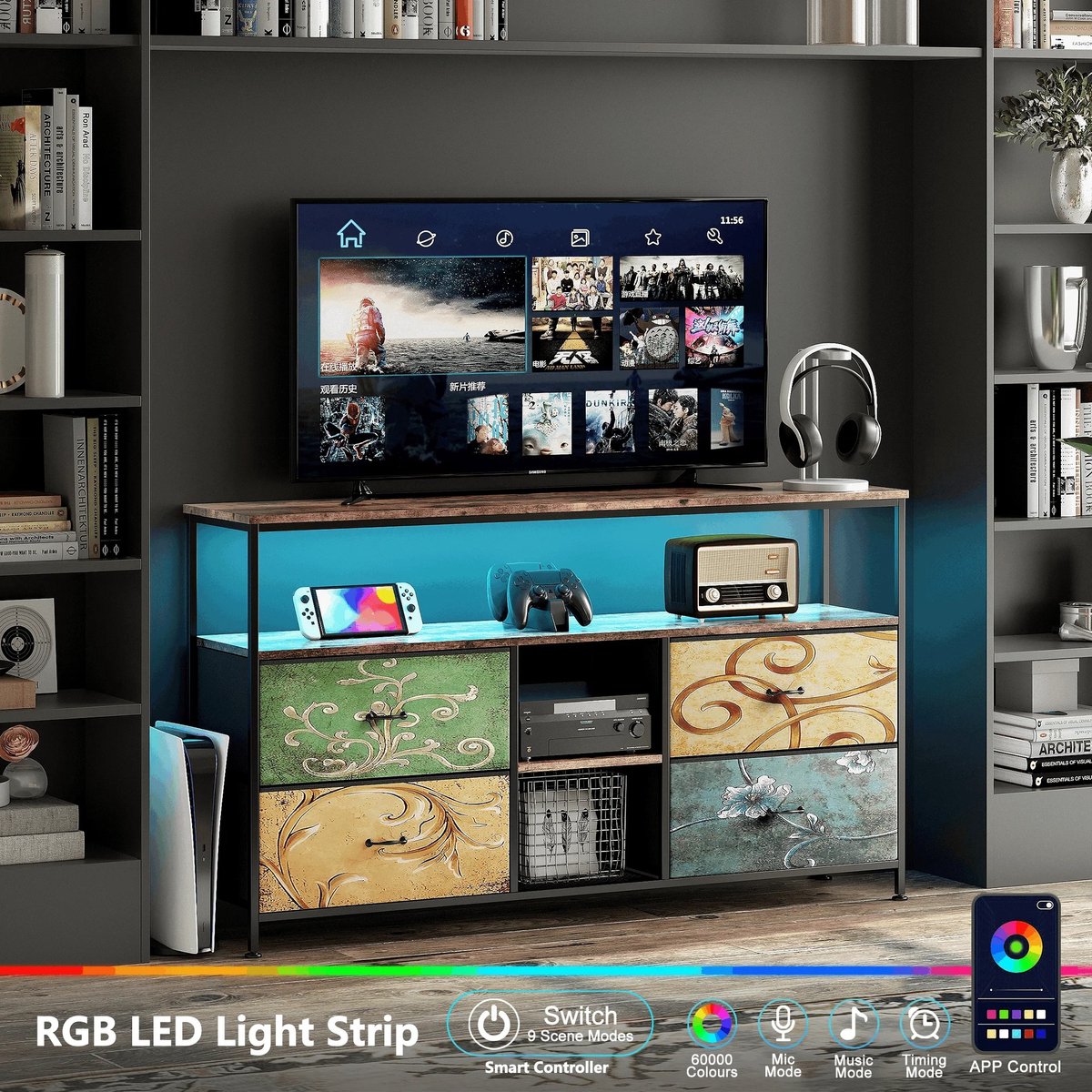 Mila Shop TV kast - Dressoirkast - Met 4 stoffen lades - Led Licht Strips - Metalen Frame - ladekast - Retro/vintage - 108X29.8X76.8cm