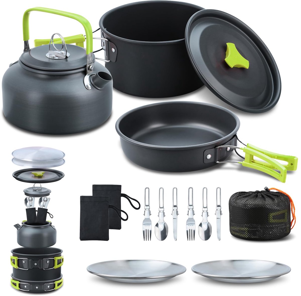 Ibenzoa® Uitgebreide 16-delige Camping Kookset met Waterkoker, Potten en Pannen voor Outdoor Avonturen