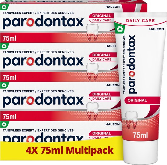 Een multipack van vier Parodontax Original tandpastabuizen van 75ml met de rode branding.