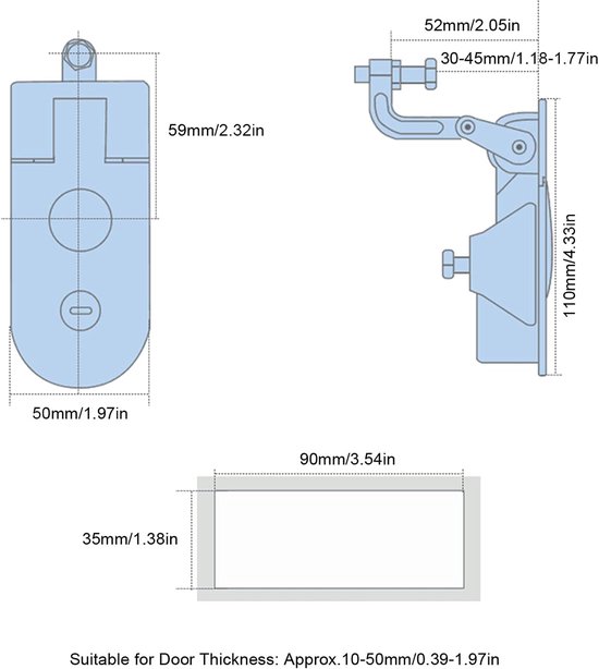 Technische tekening van een zilveren, metalen druksluiting met afmetingen en de tekst 'Geschikt voor deurdikte: ca. 10-50 mm'.
