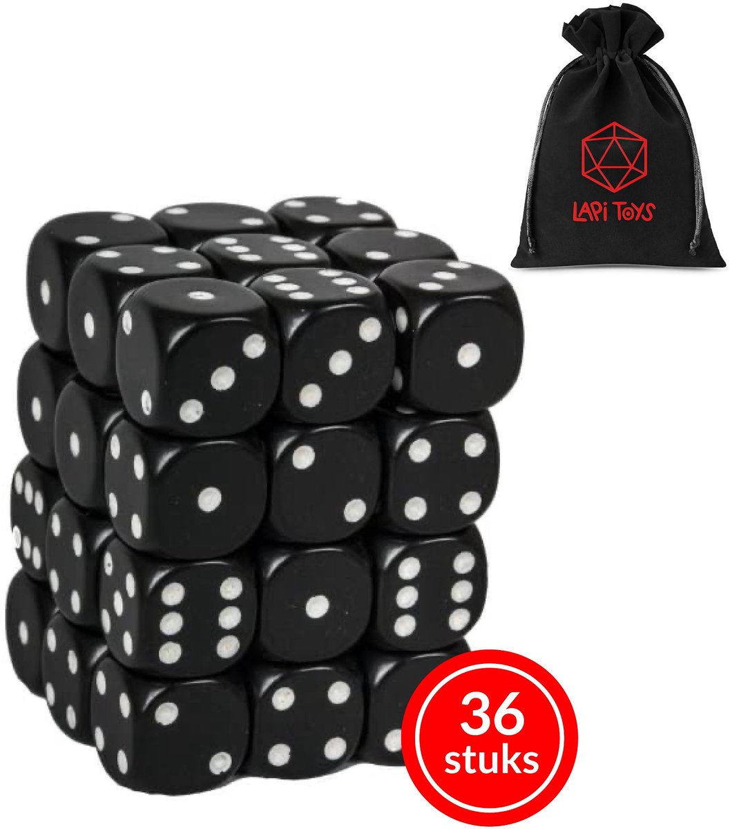 Lapi Toys - Dungeons and dragons D6 dobbelstenen - D6 - 36x D6 DND Dice - Inclusief velvet bewaarzakje - Zwart