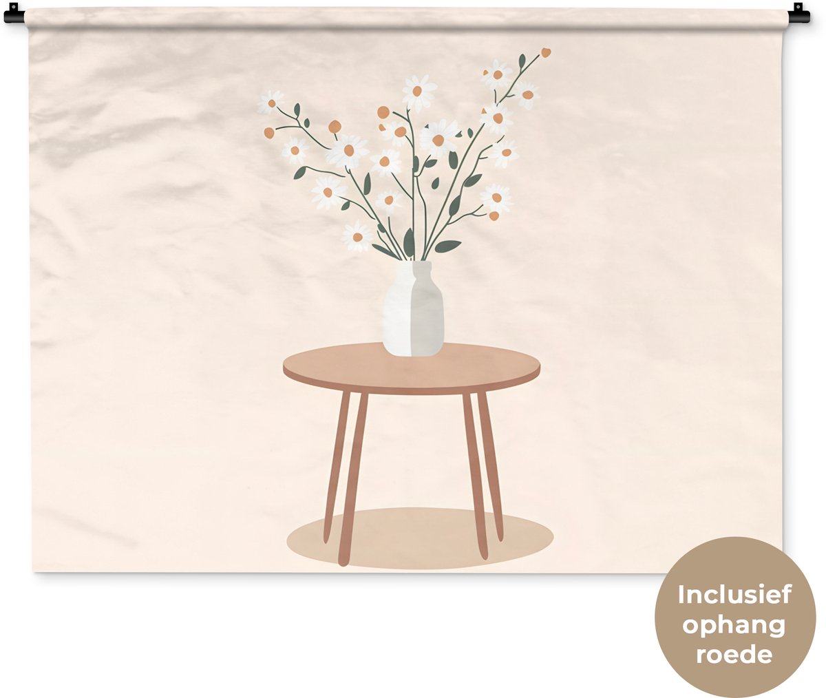 Wandkleed 150x112 cm - Wanddoek Vaas - Bloemen - Madeliefjes - Beige - Wandtapijt - Wandkleden