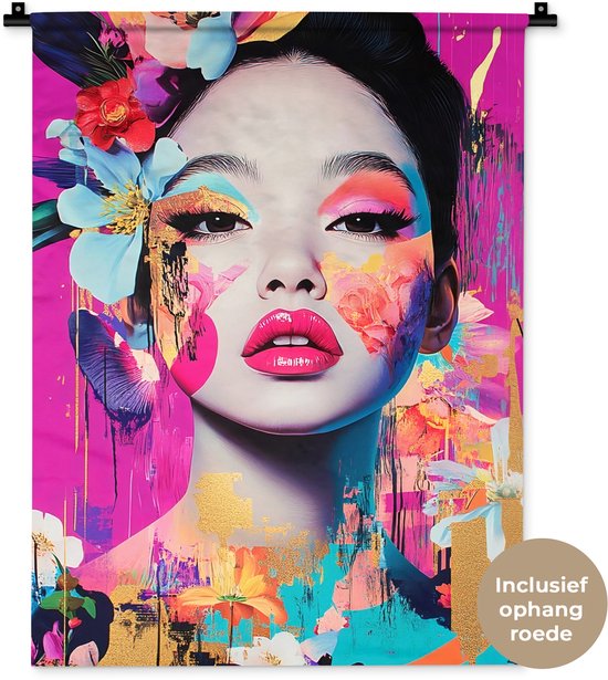Wandkleed 60x80 cm - Wanddoek Vrouw - Portret - Abstract - Paars - Wandtapijt - Wandkleden