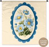 Wandkleed 150x150 cm - Wanddoek Lijst - Bloemen - Lichtblauw - Illustratie - Wandtapijt - Wandkleden