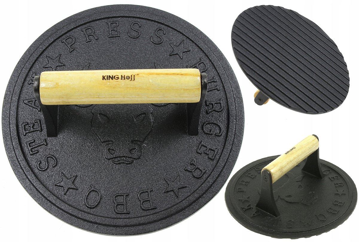 Kinghoff Gietijzeren Vleesprasser Ø22 cm – Hamburger- & Steakpers met Houten Handvat – KH-1760