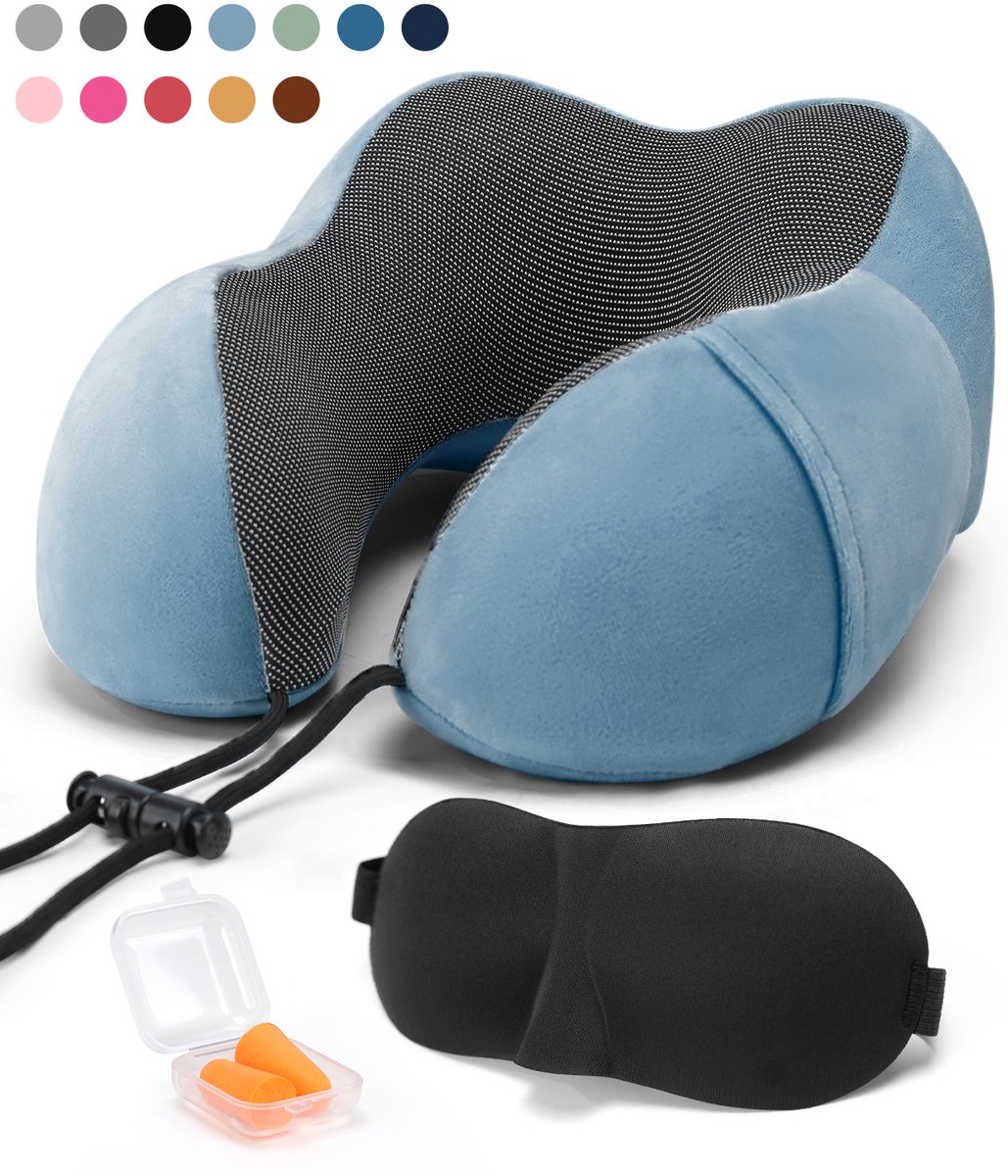 SKYCASES Travel Essentials - Nekkussen Set 3-delig - Ergonomisch Memory Foam Reiskussen met Oogmasker en Oordoppen - Ideaal voor Vliegtuig, Auto en Trein - Compact en Luxe - Denim Blue