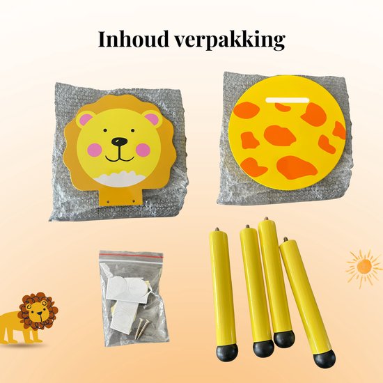 Inhoud verpakking kinderstoel: leeuwenkop, zitting met oranje stippen, vier gele poten, schroeven en plakstrips.