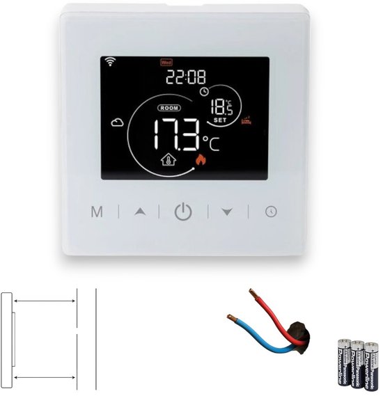 Wifi Opbouw Thermostaat | Touchscreen | 3x AAA Batterijen | App en Spraak | Energie statistieken | 2 draads installatie | Tuya | Alexa | Google Home