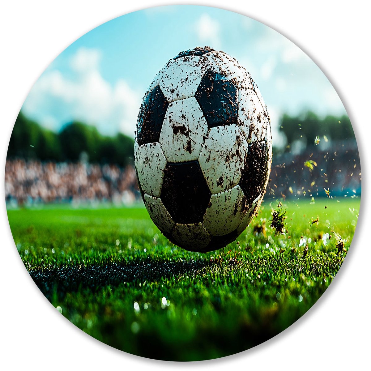 Modderige voetbal op groen gras - Voetbal muurdecoratie rond - Wandbord sport - Hyperrealisme - Forex muurkunst rond - Muurkunst slaapkamer - muurcirkel forex 70x70 cm