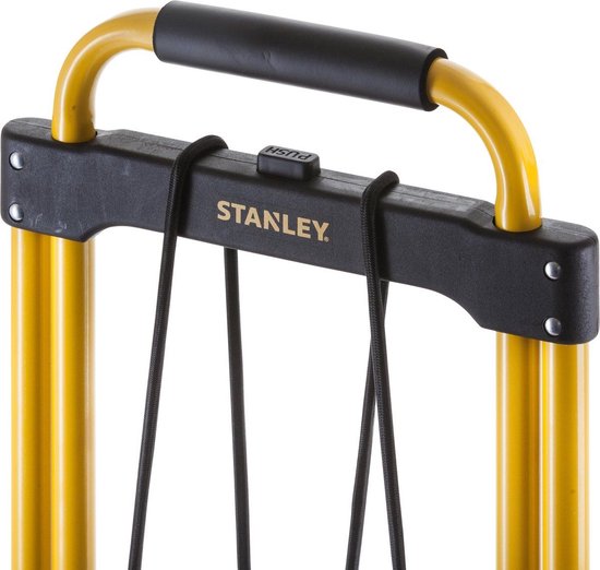 Close-up van de zwarte handgreep met "STANLEY" logo en "PUSH" knop.