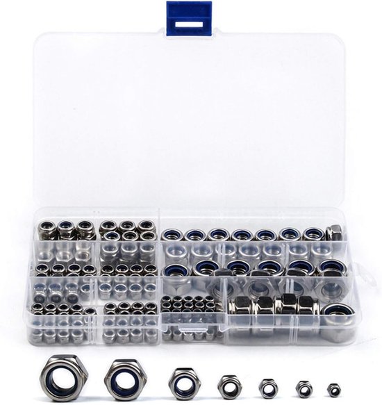 170 pièces - Écrous de blocage - Écrous de blocage Hex - Écrous de blocage en nylon - Set de Boulons et écrous - Avec boîte de rangement - M3/ M4/ M5 / M6 / M8 / M10 / M12 - Acier inoxydable - Argent