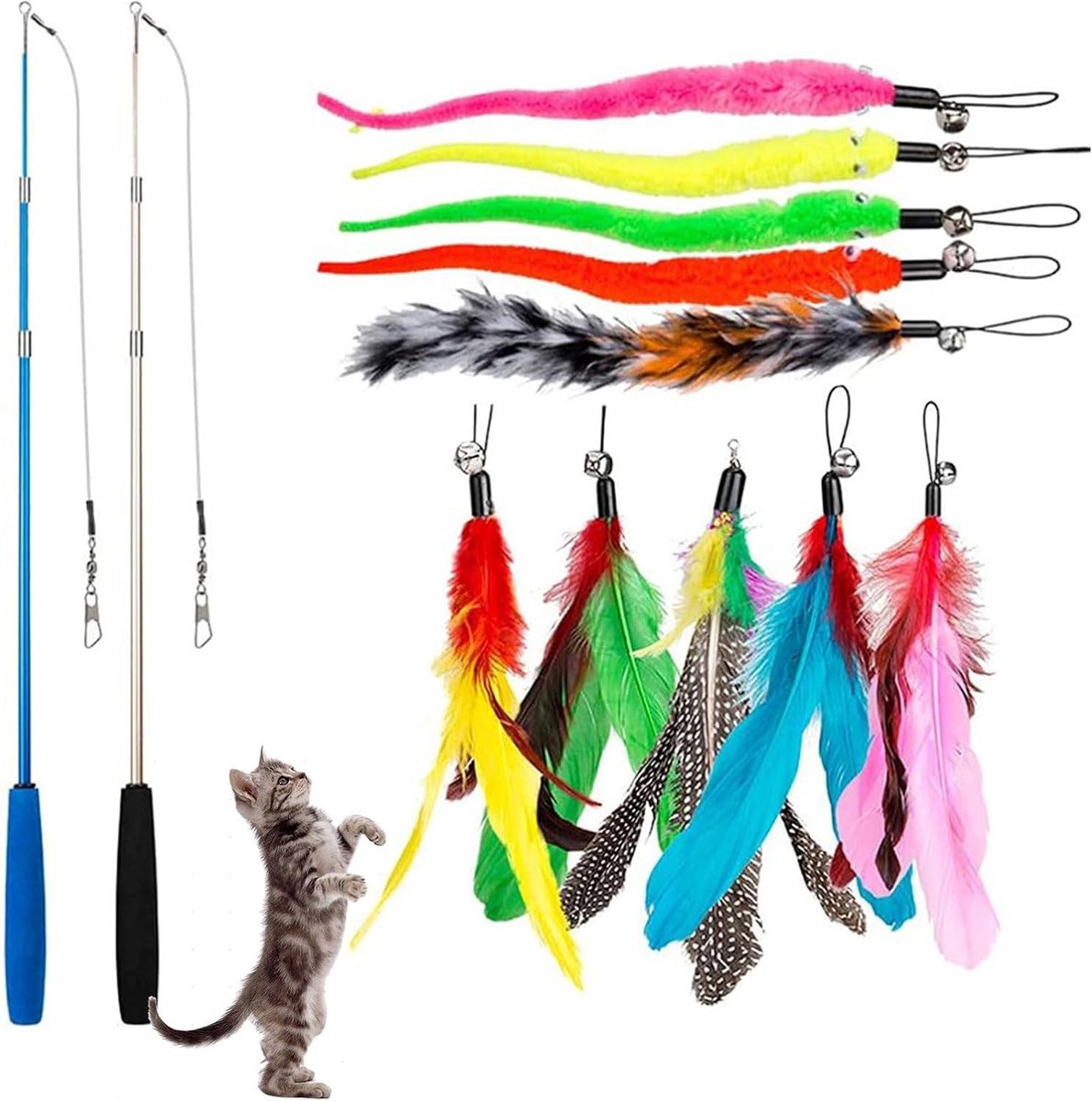 Allecto Plus - Kattenspeelgoedstok met veren en klokken - Stabiele hengel voor kittens - Set met 2 intrekbare hengels en 10 vervangingen
