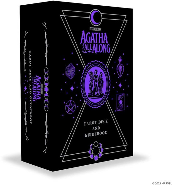 Jeu de tarot et guide Marvel Agatha All Along : Boîte noire avec des lignes géométriques violettes, des étoiles et des symboles. Le titre est centré.