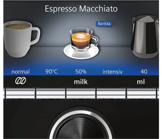 Siemens touchscreen toont "Espresso Macchiato Barista" met instellingen voor melk en ml.