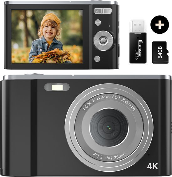 K&L Digitale Camera 4K - 64MP - Fototoestel - Compact Camera - Vlog Camera - Voor Kinderen - Inclusief 64GB - NL Software