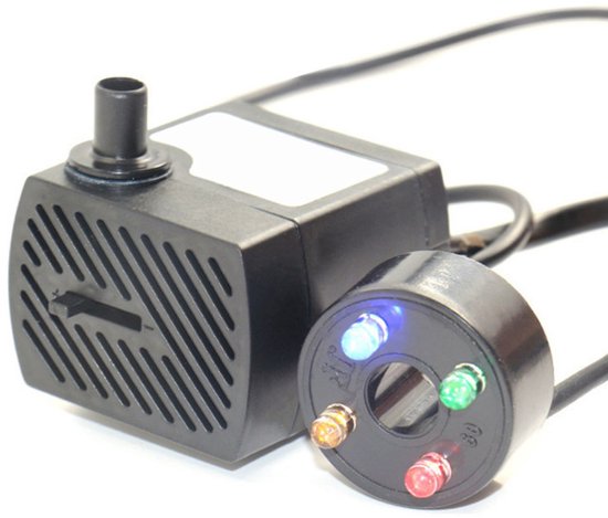 Zwarte mini-waterpomp met cirkelvormige LED-verlichting met rode, groene en blauwe lampjes.