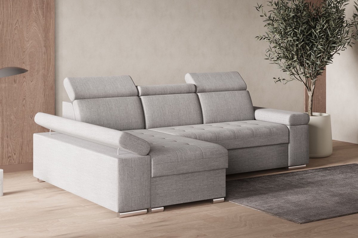 Hoekbank L met slaapfunctie, verstelbare hoofdsteunen & bedlade – Moderne slaapbank met opbergruimte – Hoekbank Luka L – Lichtgrijs (Twist 19) – Links