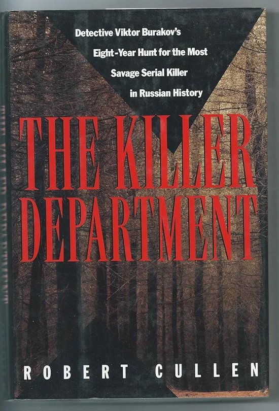 Boek 'The Killer Department' door Robert Cullen. Kaft met donkere bosafbeelding, rode letters.