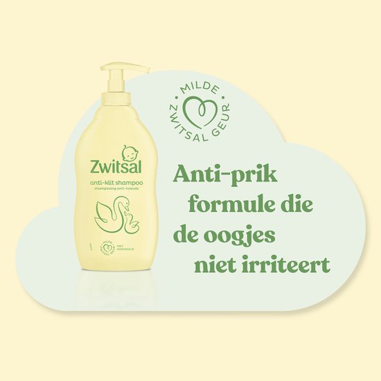 Crèmekleurige pompfles Zwitsal anti-klit shampoo met afbeelding van een zwaan met kuiken. Tekst: 'Anti-prik formule die de oogjes niet irriteert'.
